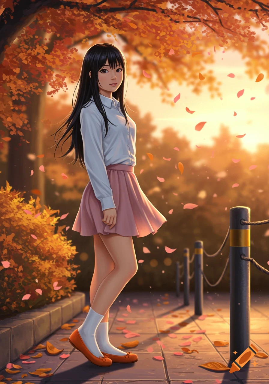 An anime illustration of a young Japanese woman in a white shirt and pink skirt, standing on an autumn path with falling orange leaves.