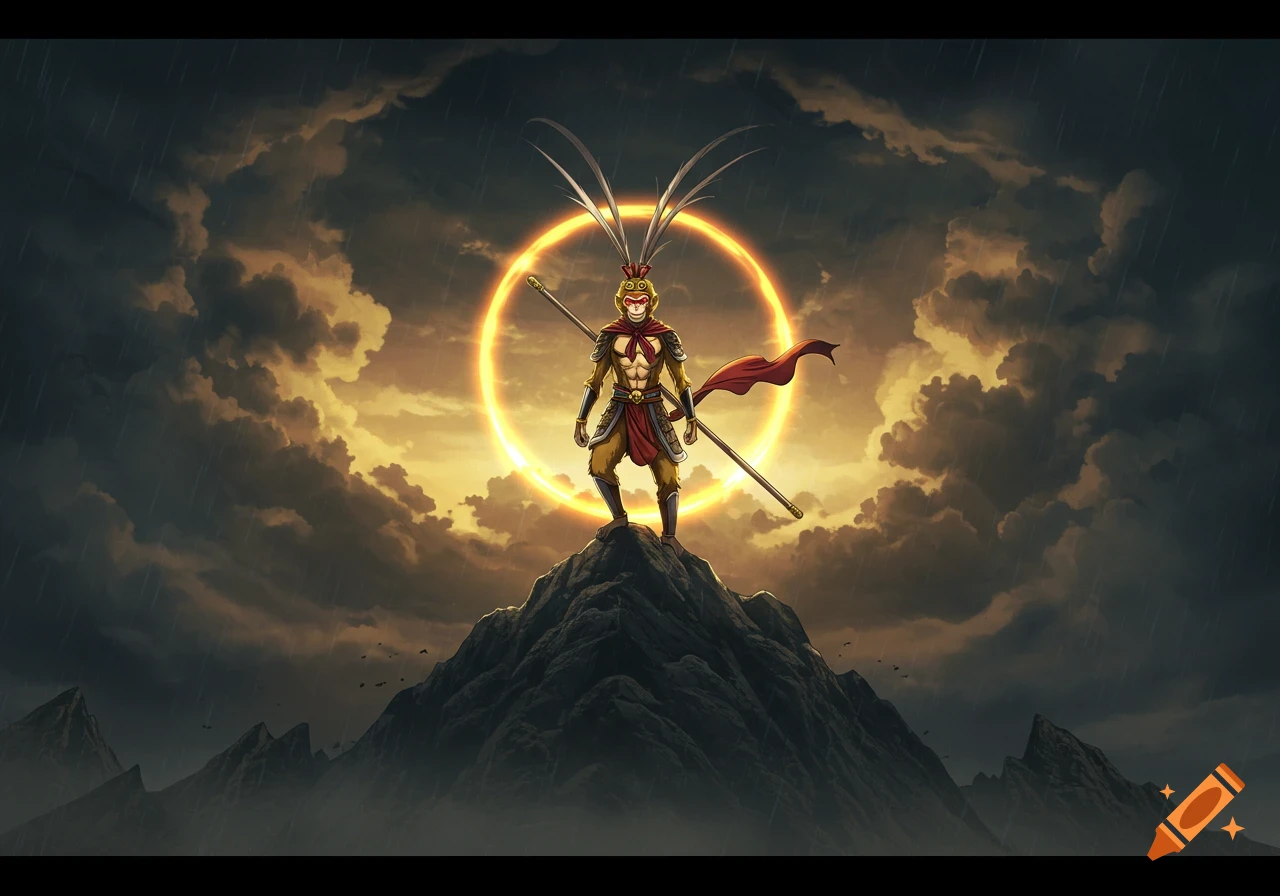 Anime Wukong stands on a stormy mountain peak, glowing aura behind him against dark clouds.