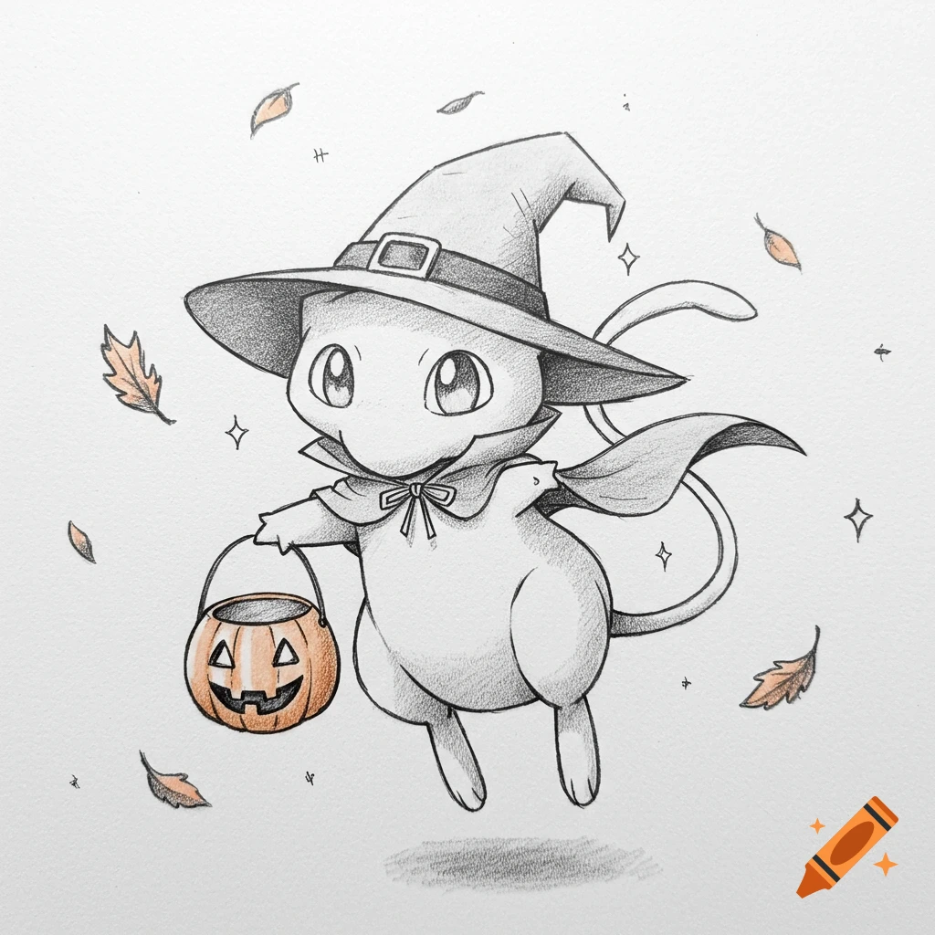 A pencil drawing of Mew dressed as a witch, floating with a pumpkin trick-or-treat bucket, surrounded by autumn leaves and sparkles.