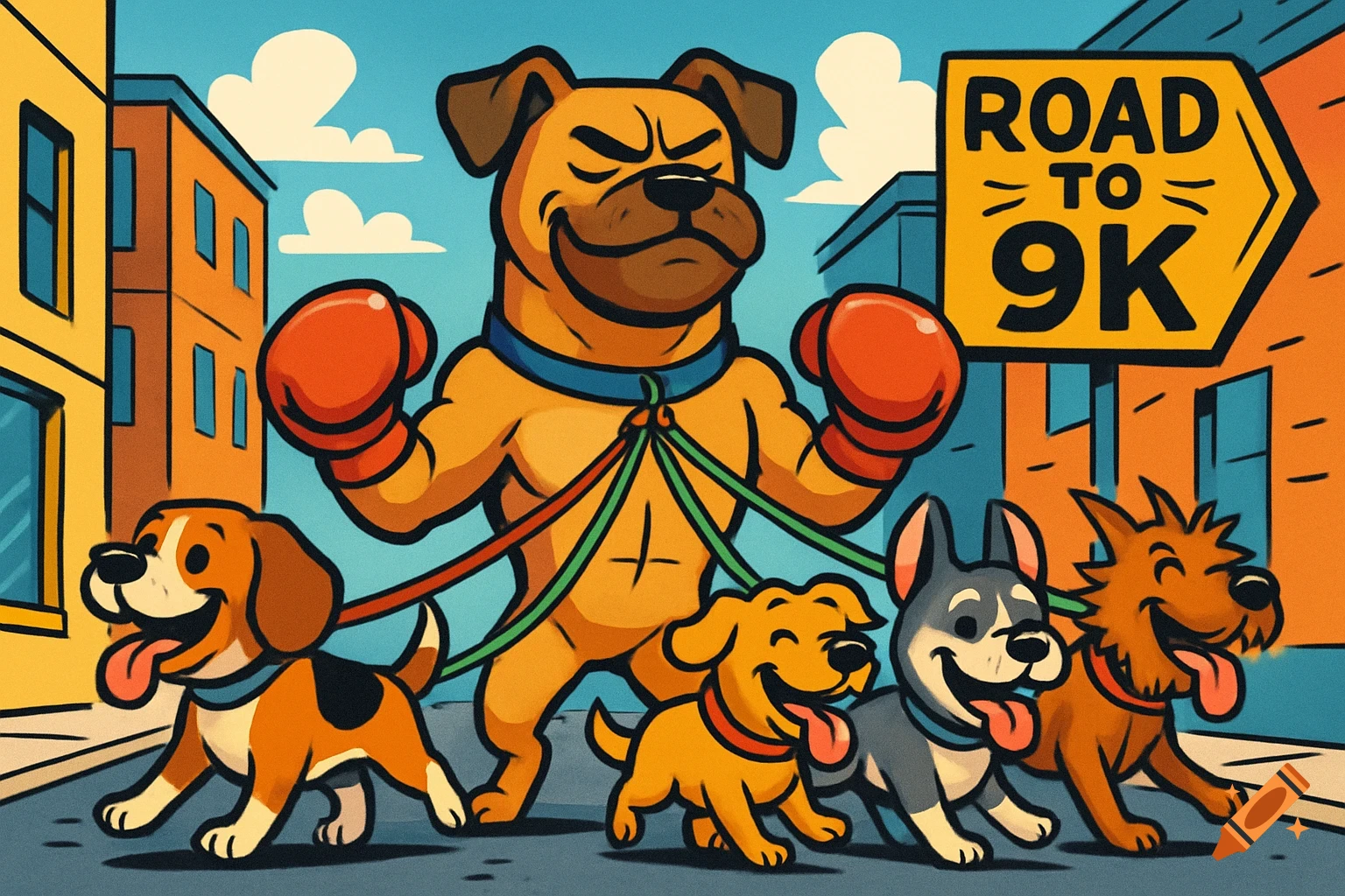 A cartoon illustration of a muscular dog wearing boxing gloves, holding leashes for four smaller, happy dogs on a street with a "ROAD TO 9K" sign.