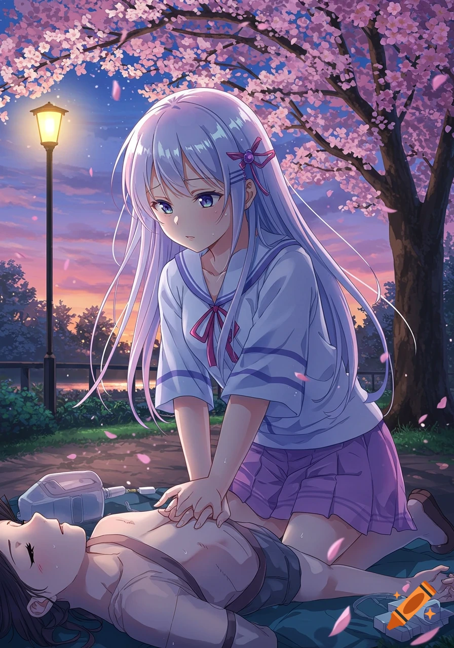 An anime girl performs CPR on another person lying on the ground under a cherry blossom tree at sunset in a park.