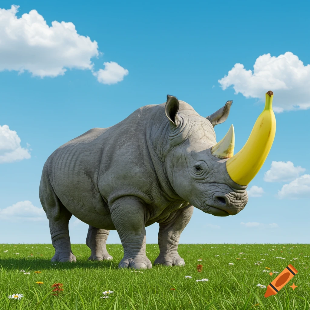 A photorealistic rhinoceros stands in a grassy field under a blue sky, with its front horn replaced by a yellow banana.