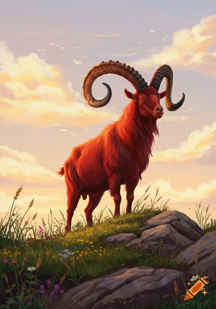 A vibrant red horned goat stands majestically on a grassy hill overlooking a sunset sky with clouds and birds.