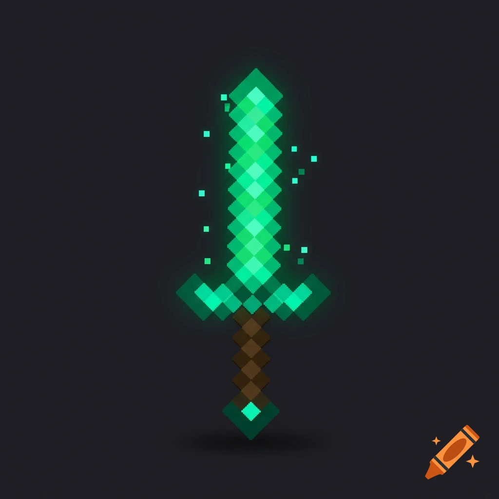 Glowing emerald green pixel art sword with a brown hilt in Minecraft style.