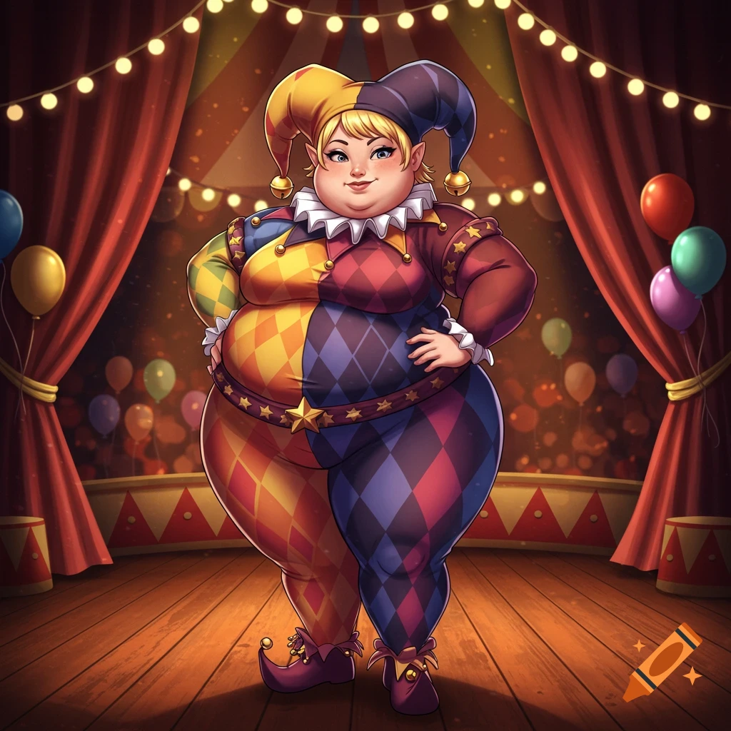 A plump, smug jester woman in a colorful harlequin costume and jester hat stands on a circus stage with red curtains, in an anime style.