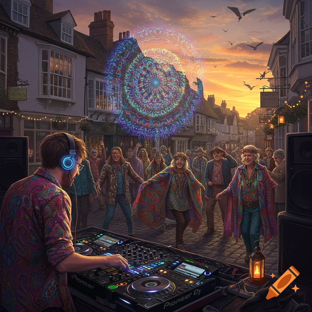 A DJ with headphones plays on a mixer in a street filled with dancing, psychedelic-clad pensioners under a vibrant, mandala-like light show at sunset.