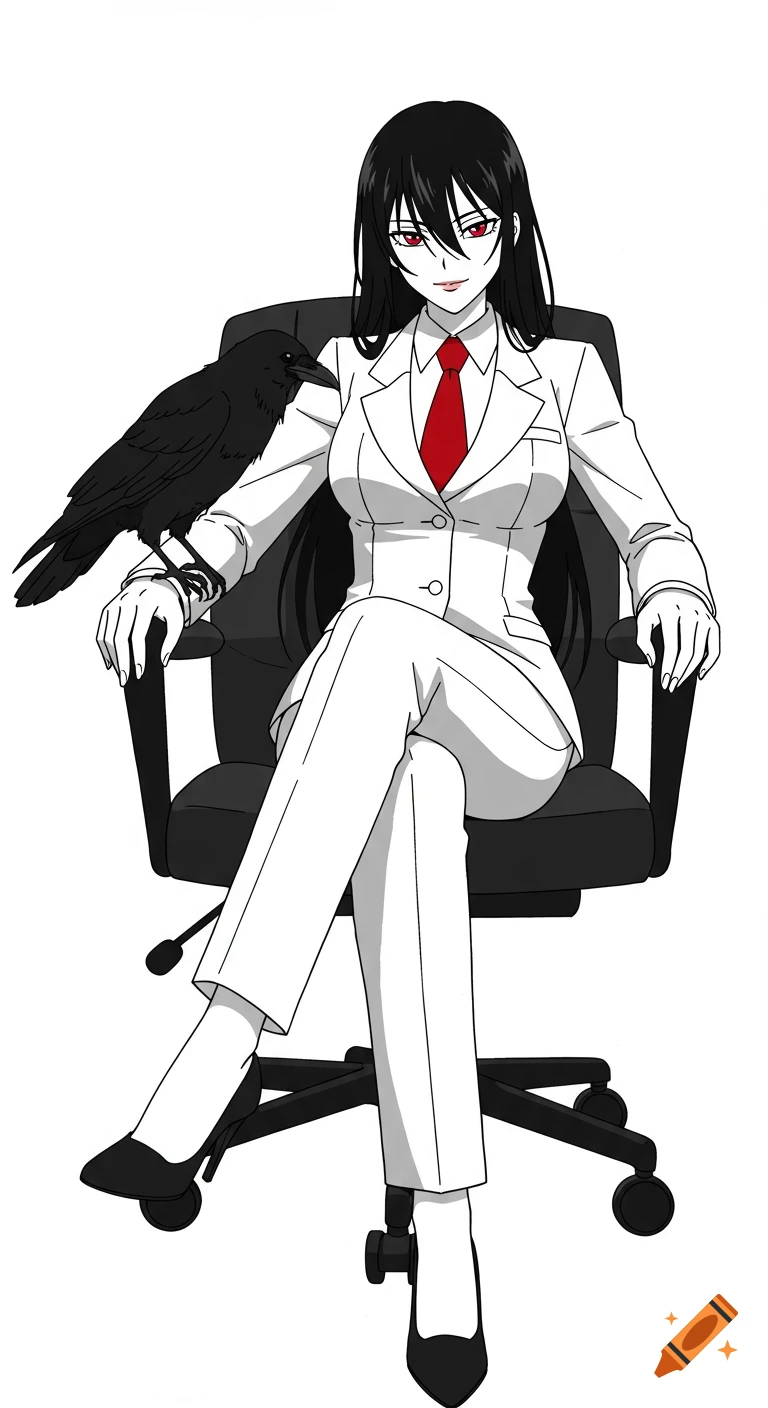 Anime businesswoman in a white suit and red tie sits elegantly in a chair with a crow on her arm, white background.