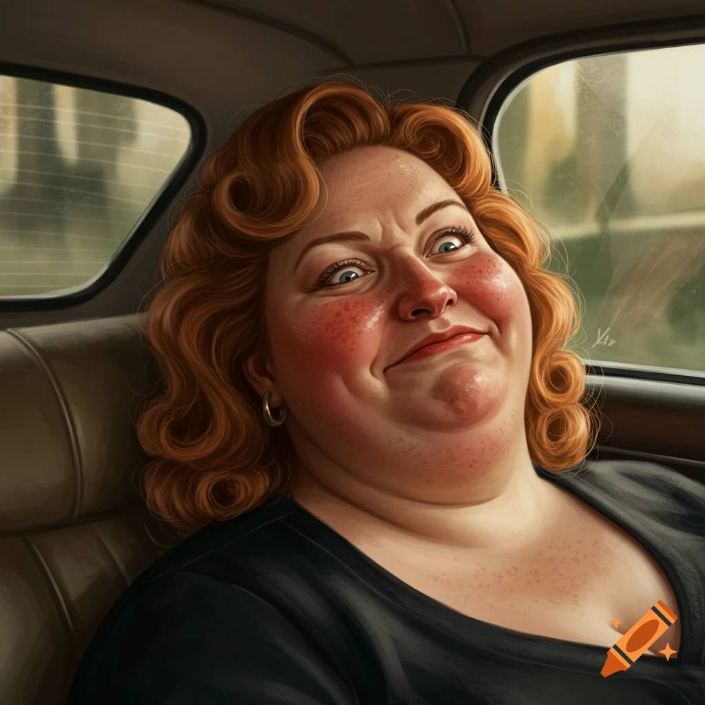 A detailed illustration of a heavy-set woman with red curly hair and freckles, making a disgusted yet happy, overwhelmed face while reclined in a car.