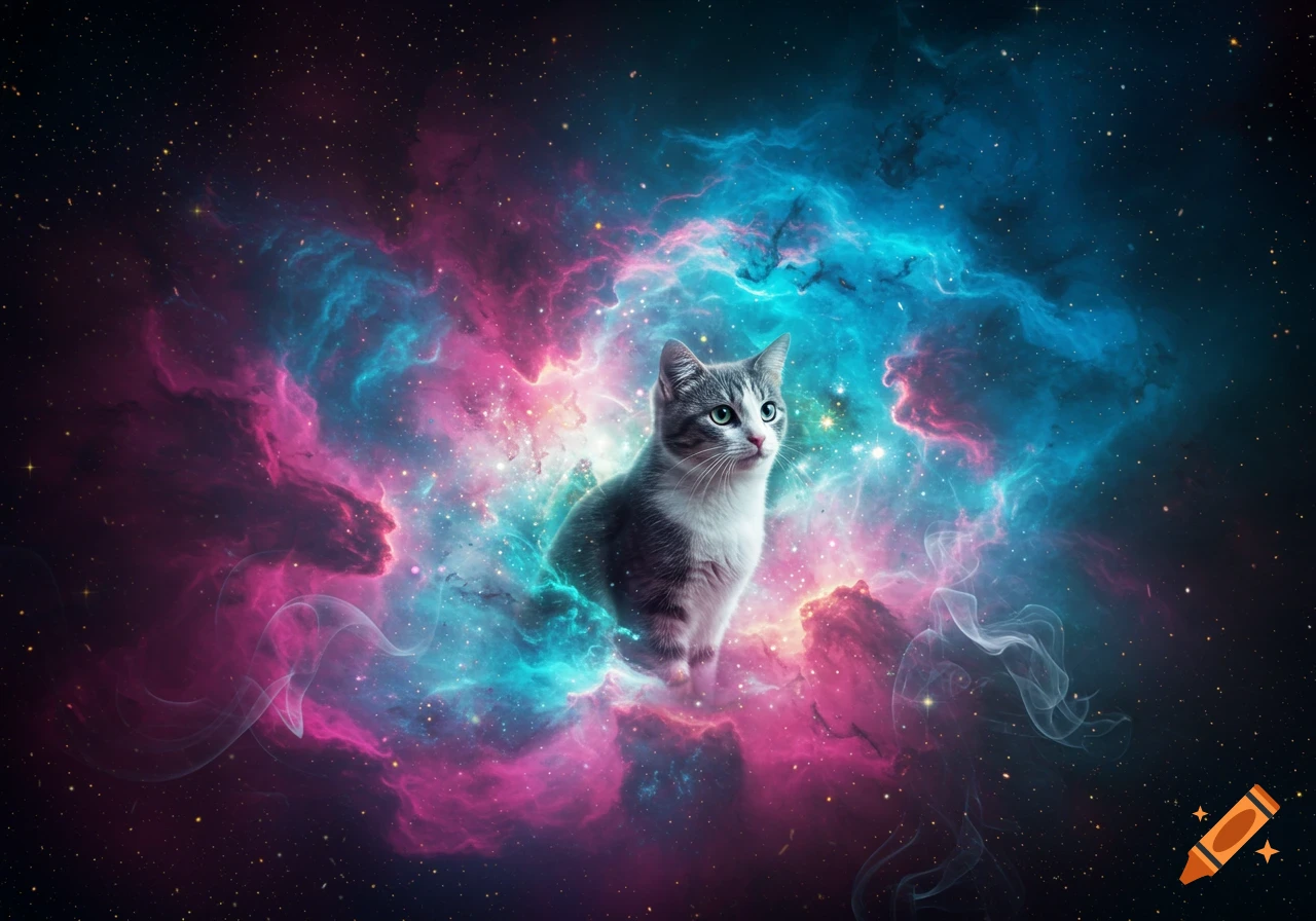 A grey and white cat sits within a vibrant pink and blue nebula, surrounded by countless stars.