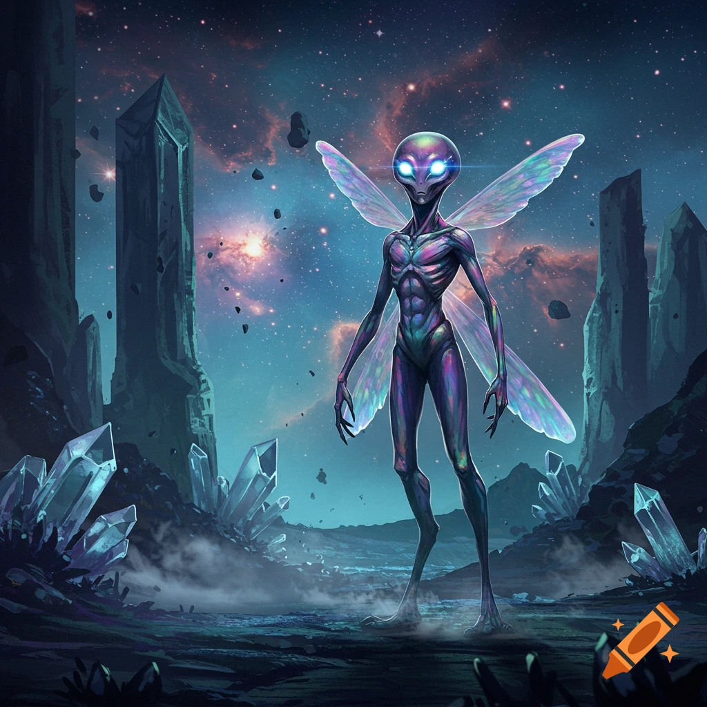 A bioluminescent alien with insect-like wings stands on an alien planet with large crystals and a starry galaxy sky.