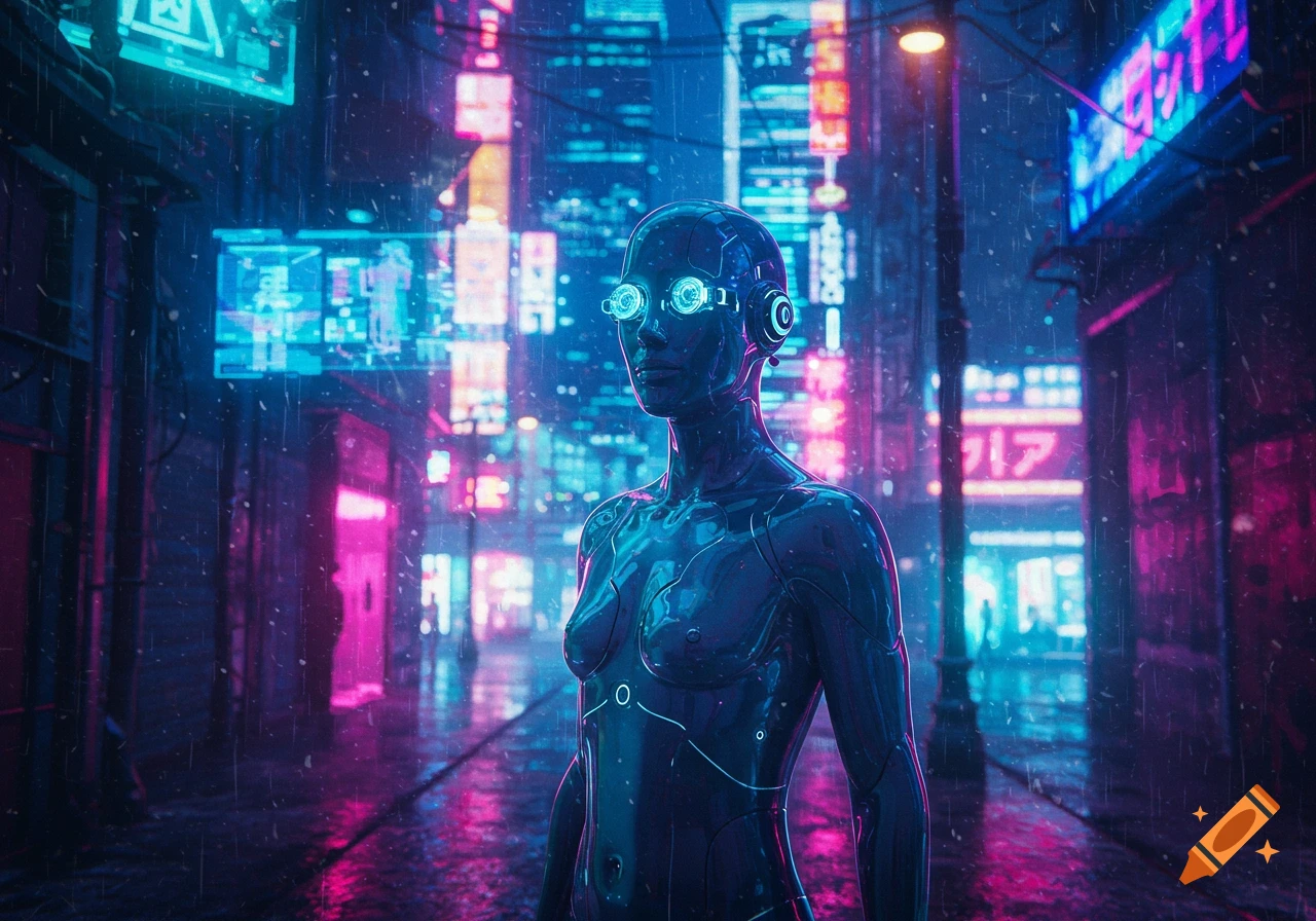 A chrome-like female robot with glowing eyes and headphones stands on a rainy cyberpunk street with neon signs.