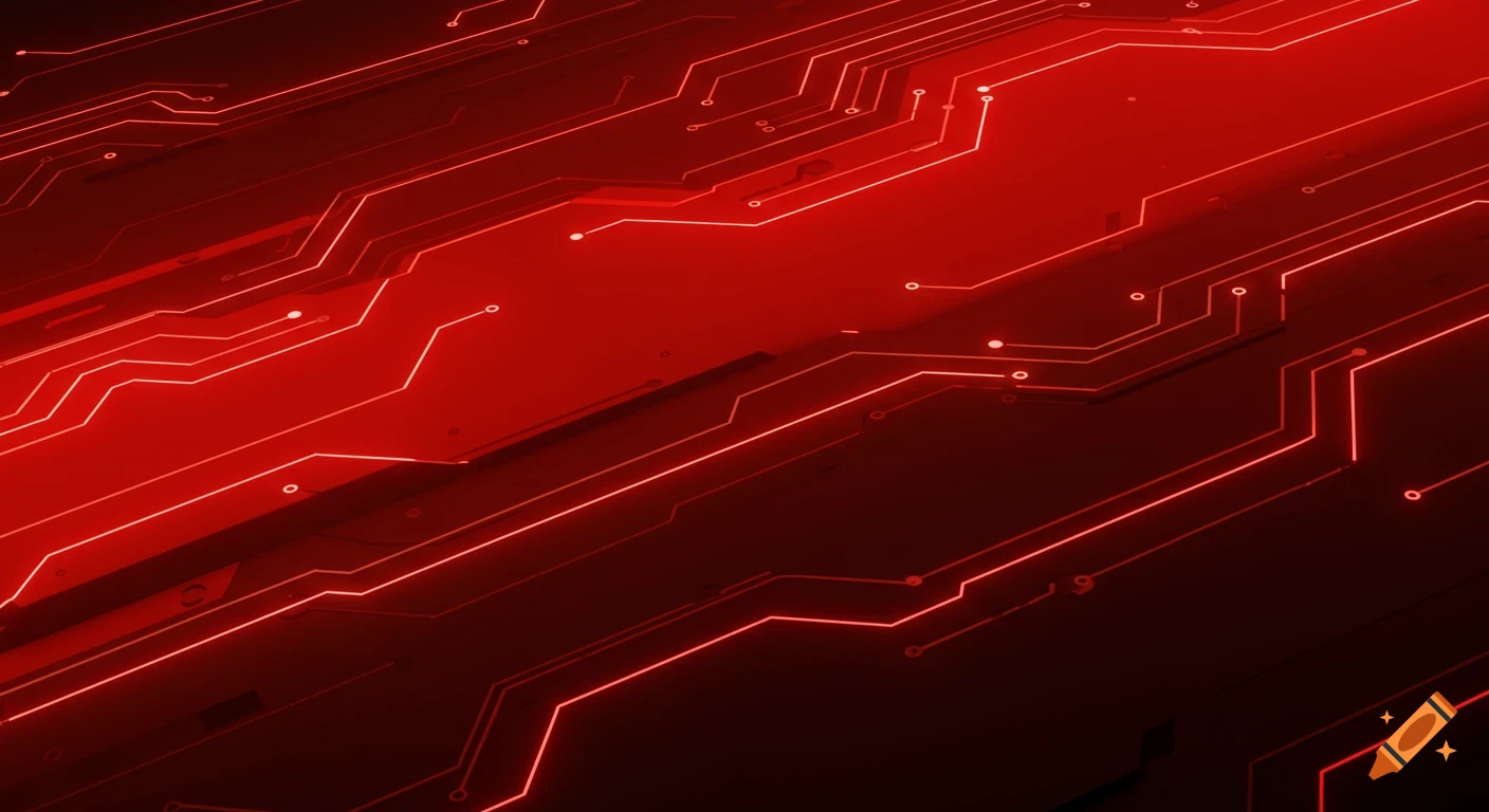 A glowing red futuristic circuit board pattern against a dark red background.