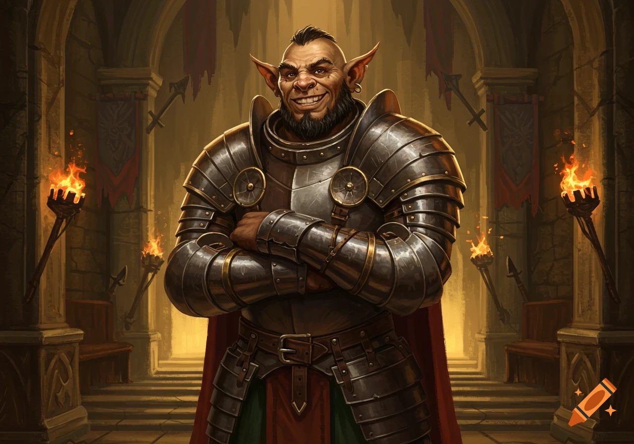 A proud, muscular bugbear in plate armor with crossed arms, grinning in a torch-lit castle hall.