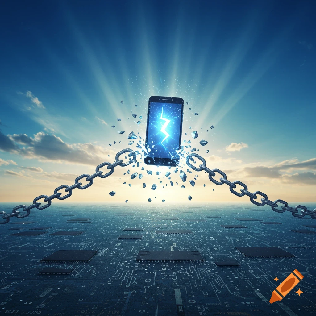 A smartphone shatters metal chains above a circuit board, under a radiant blue sky with sun rays, symbolizing digital freedom.