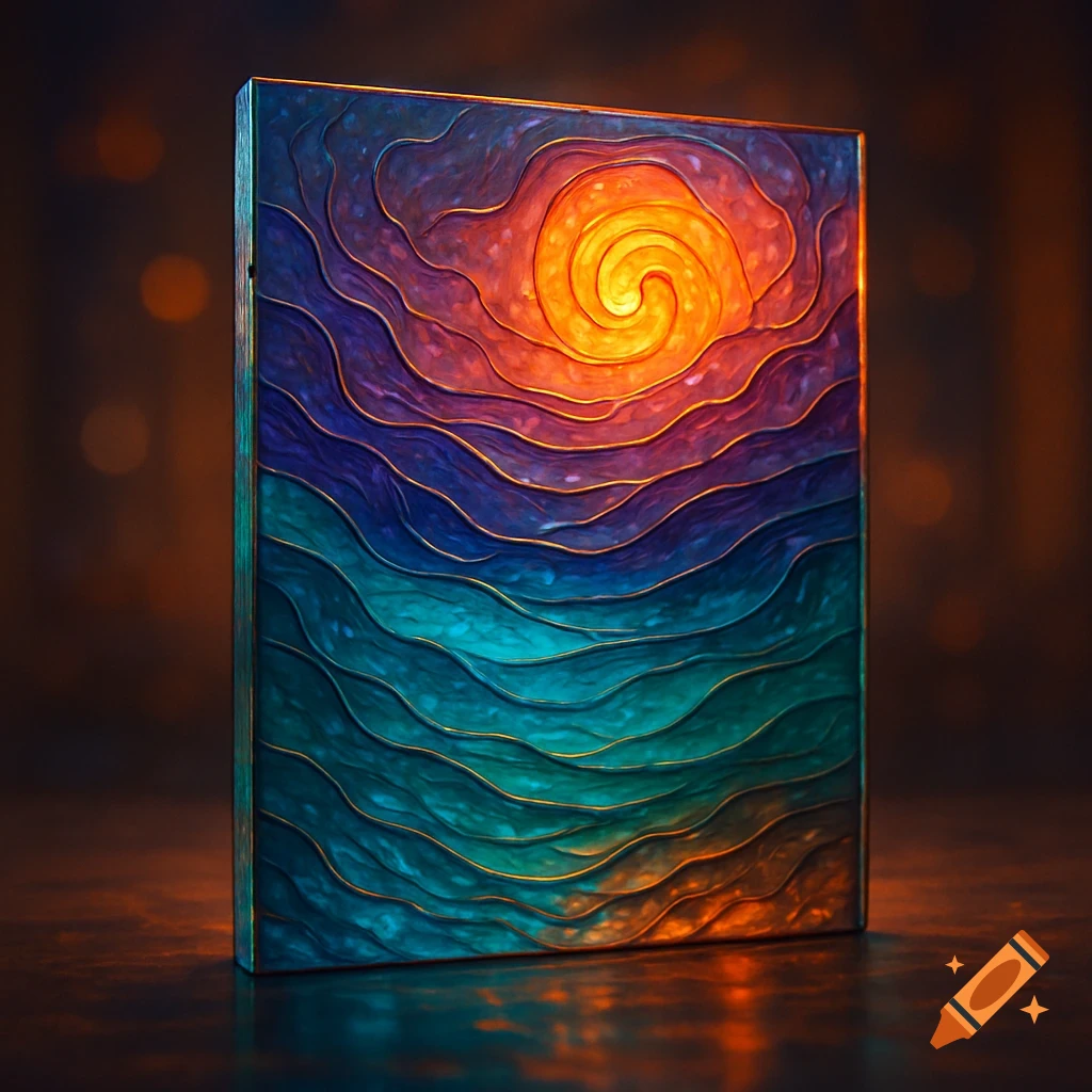 A vibrant abstract artwork with a golden spiral flowing into wavy layers of orange, purple, blue, and teal, standing upright on a reflective surface.