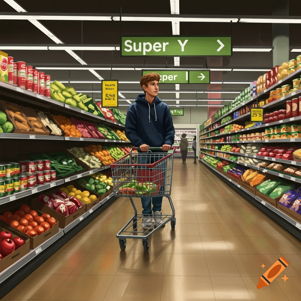 A young man with brown hair pushes a shopping cart down a grocery store aisle filled with produce and packaged goods, an illustration style.