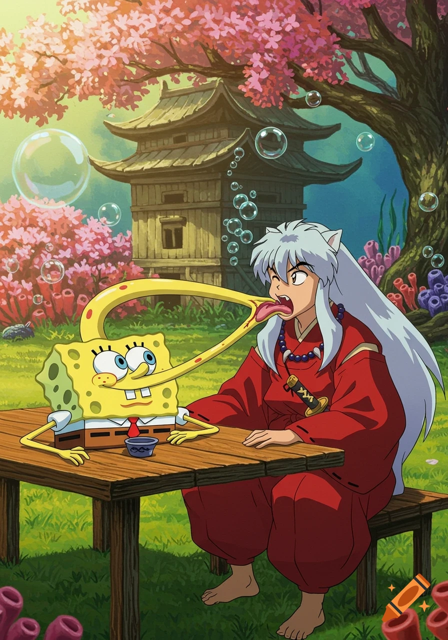 SpongeBob with an elongated nose licks Inuyasha's mouth in a surreal anime cartoon scene featuring cherry blossoms, a pagoda, and underwater bubbles.