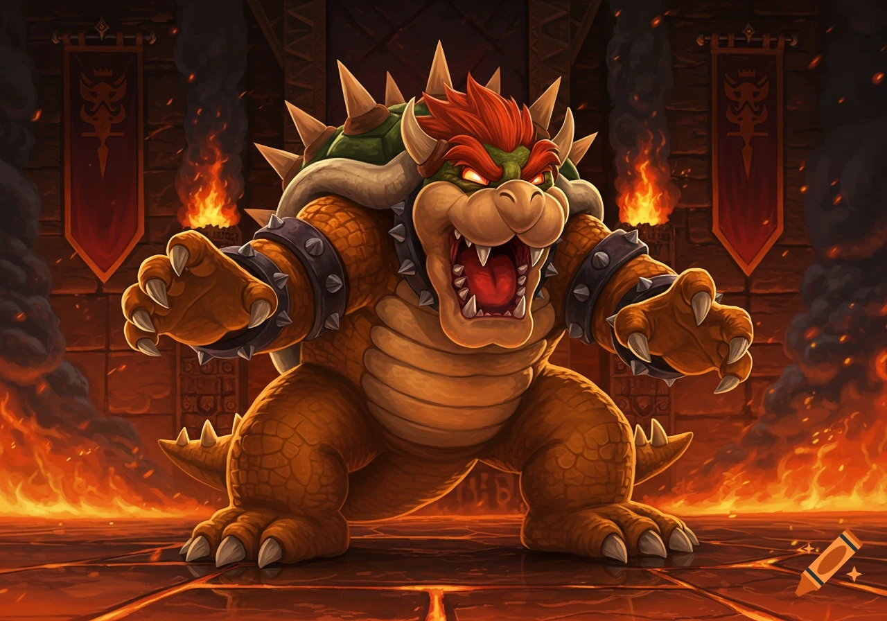 A detailed illustration of Bowser roaring fiercely in a fiery, dark castle setting, with banners on the walls.