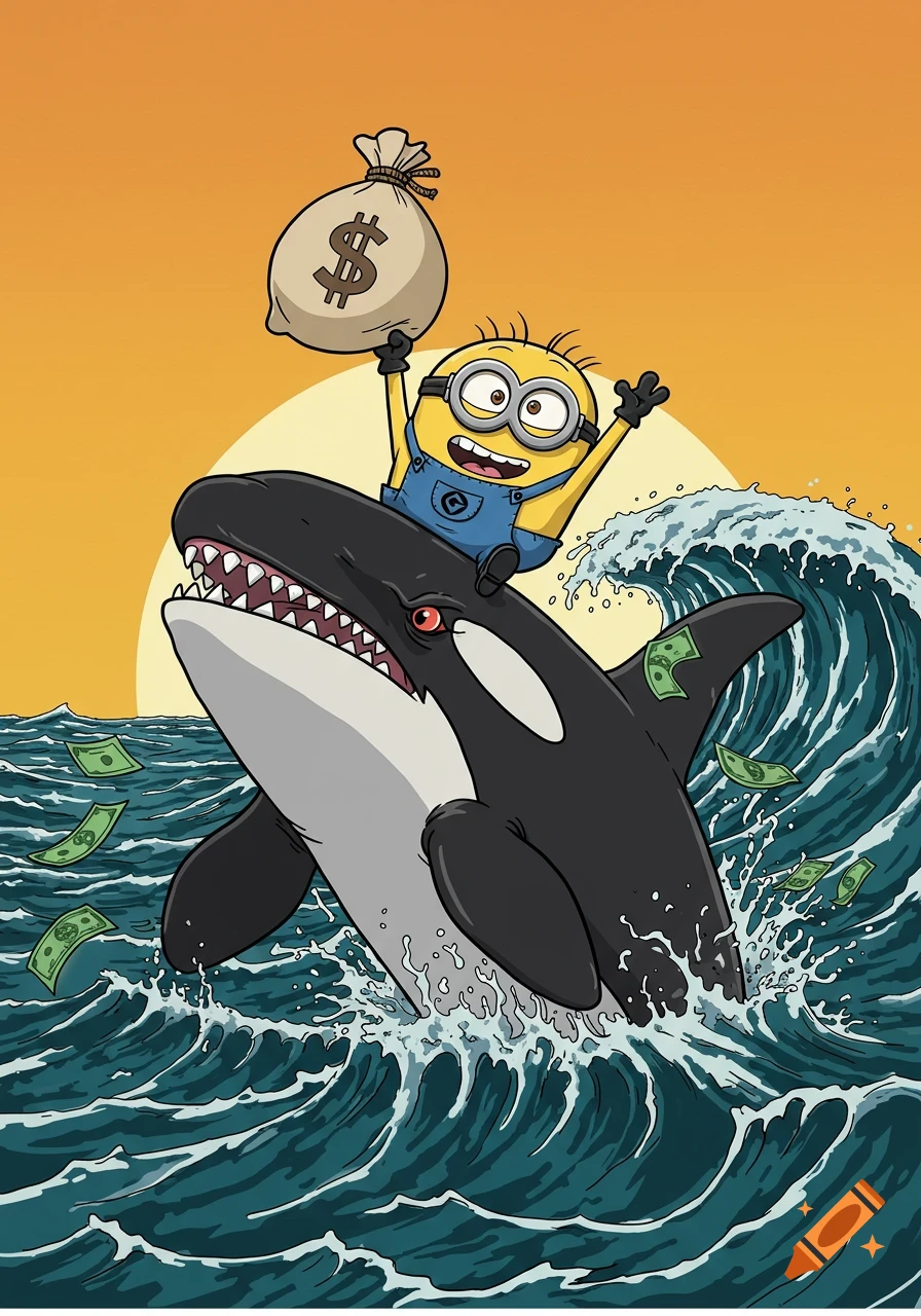 A Minion rides an angry killer whale through ocean waves, holding a dollar sign money bag, with money falling. Cartoon style.