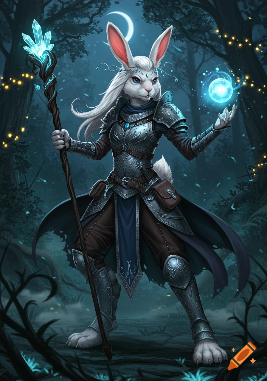 A white rabbit warrior witch in ornate armor holds a glowing staff and conjures a magic orb in a dark, moonlit fantasy forest.