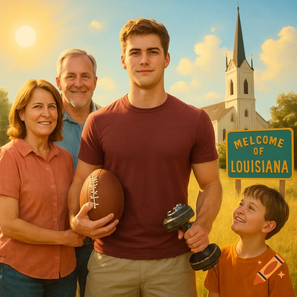 A photorealistic family portrait in a field, with a young man holding a football and a dumbbell, a church and a 'Welcome of Louisiana' sign.