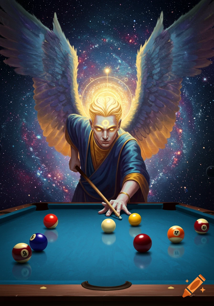 A god-like figure with glowing eyes and large wings plays billiards against a starry cosmic background.