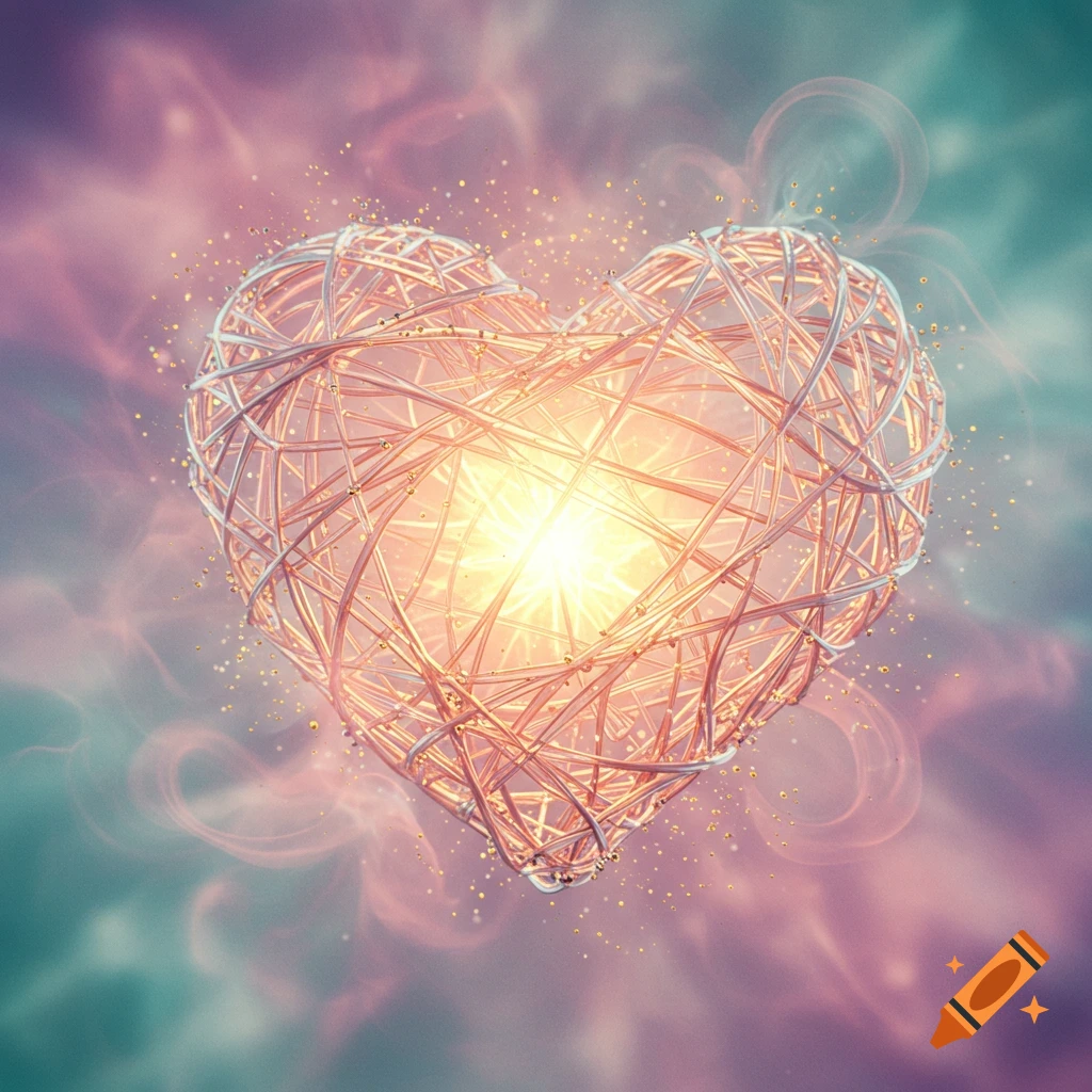 An intricate heart shape made of glowing golden wires, radiating a bright light amidst a smoky pink and teal background.