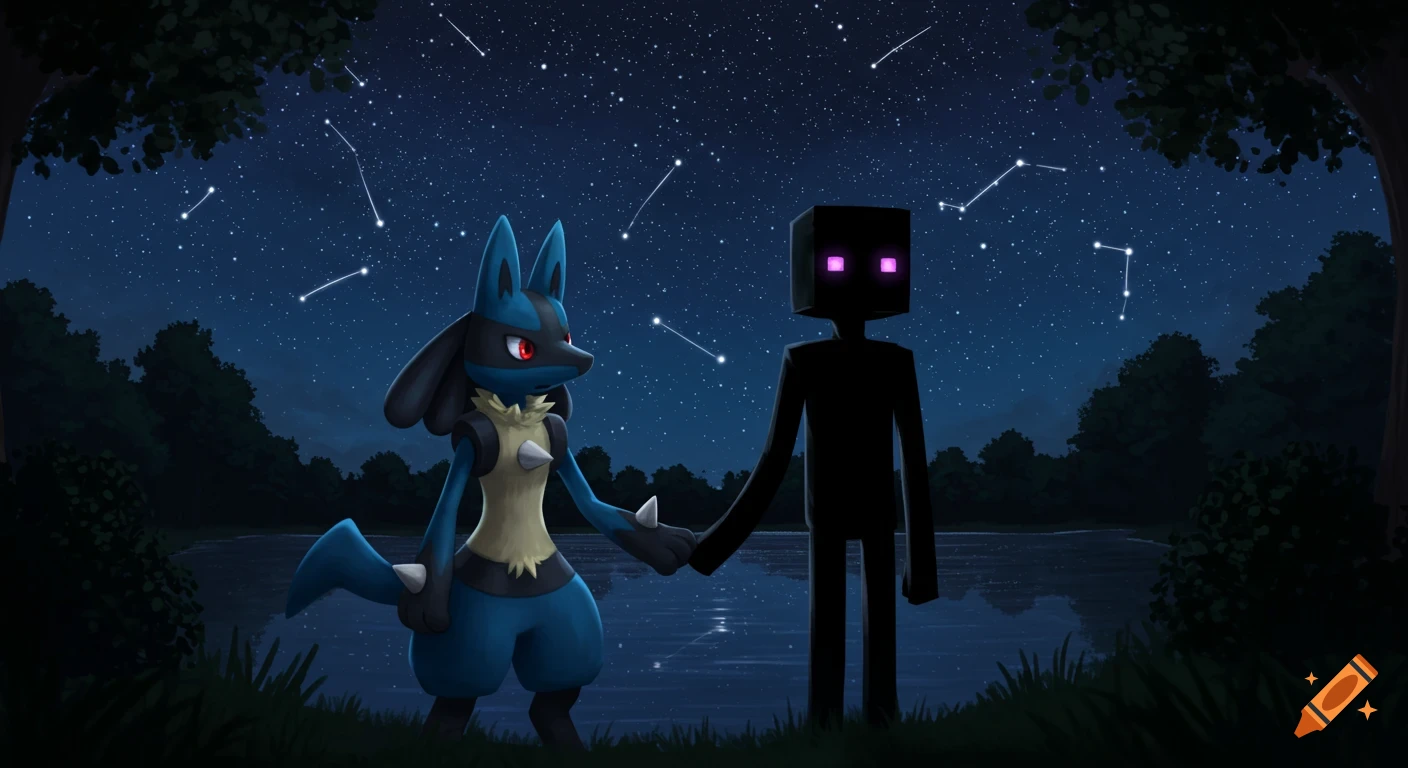 Lucario and Enderman holding hands next to a lake under a sky filled with stars and constellations.