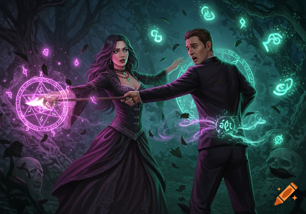 A witch in a dark dress casts a purple spell from a wand, holding back a startled man in a suit, in a dark magical forest with glowing symbols.