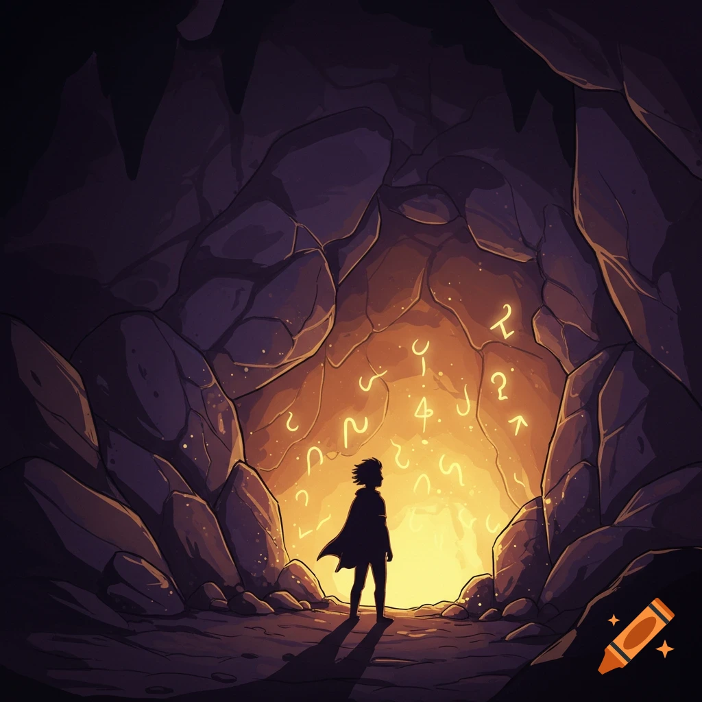A manga illustration of a person's silhouette in a dark cave, facing a glowing opening with floating magical symbols.