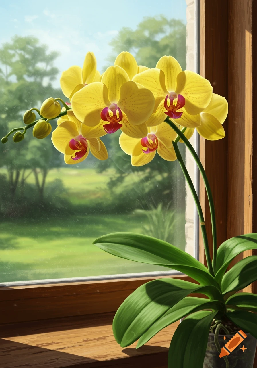 A vibrant yellow phalaenopsis orchid plant with red centers sits on a sunlit wooden window sill, looking out onto a lush green garden.