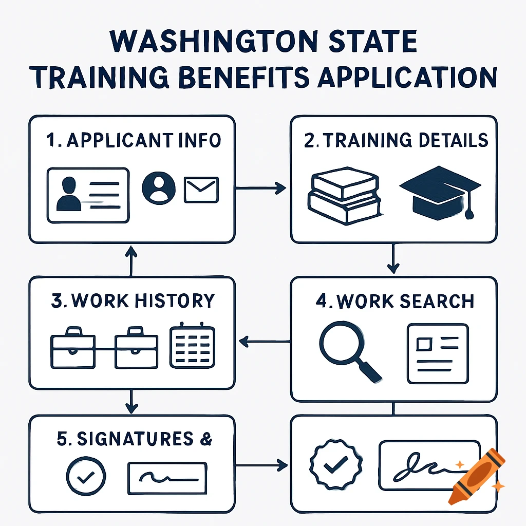 Diagram showing the 5-step Washington State Training Benefits application process: Applicant Info, Training Details, Work History, Work Search, Signatures &.