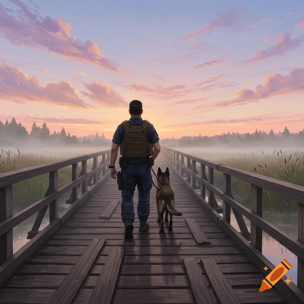 A K9 handler in uniform and a Belgian Malinois walk away on a wooden bridge toward a misty, colorful sunset landscape.