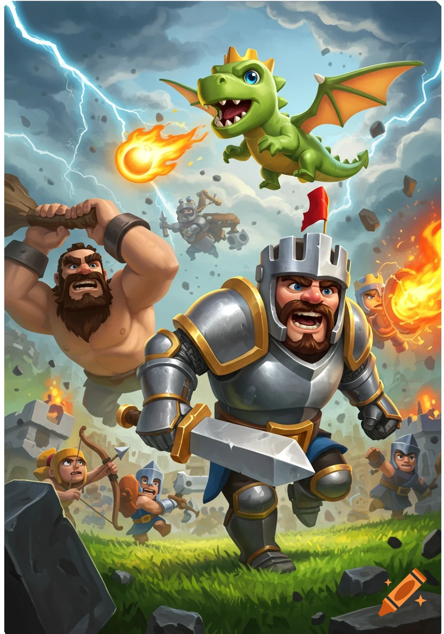 A vibrant cartoon fantasy battle scene with a knight, barbarian, dragon, and archers in action.