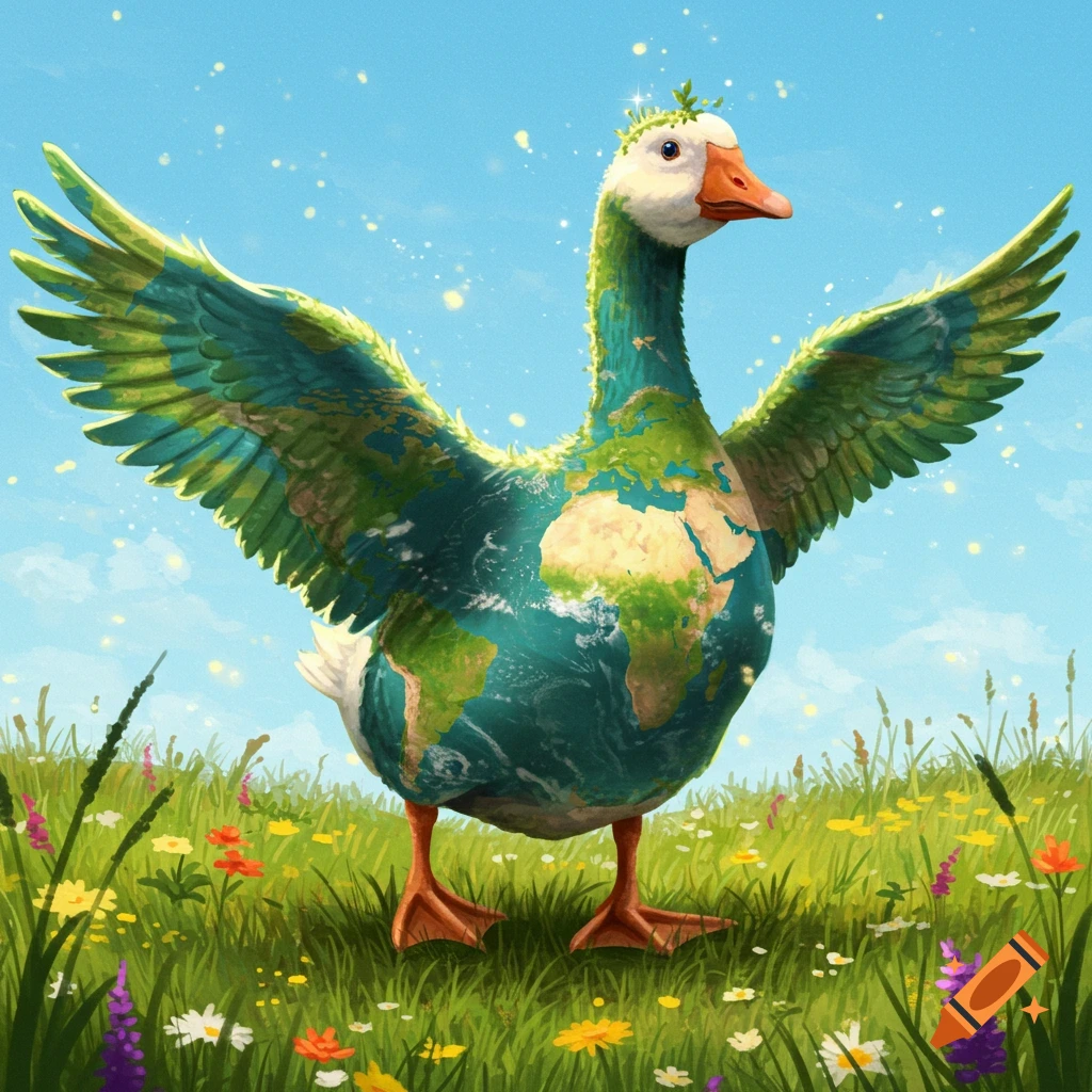 An illustrative image of a goose whose body and wings are covered with a map of the Earth, standing in a field of wildflowers under a blue sky.