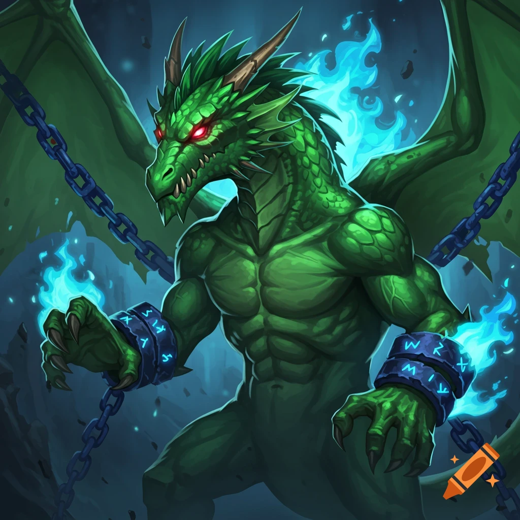 A muscular green dragon with red eyes and horns, chained at the wrists with glowing blue fire, in a cartoon video game style.