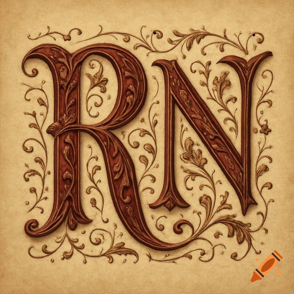 Ornate medieval letters 'RN' with intricate scrollwork on a parchment background.