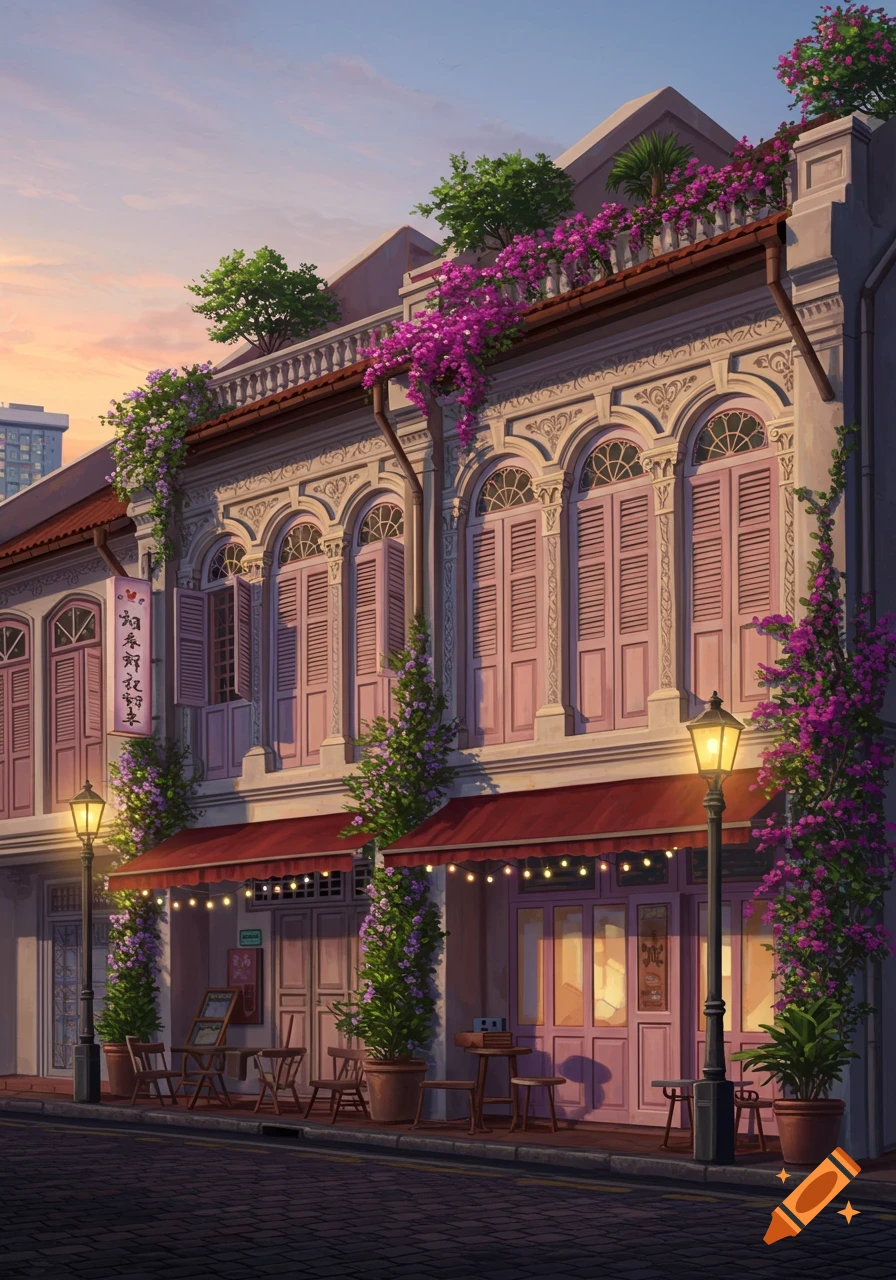 A charming Singaporean shophouse with Parisian architecture, pink shutters, flowering bougainvillea, and street lamps at dusk.