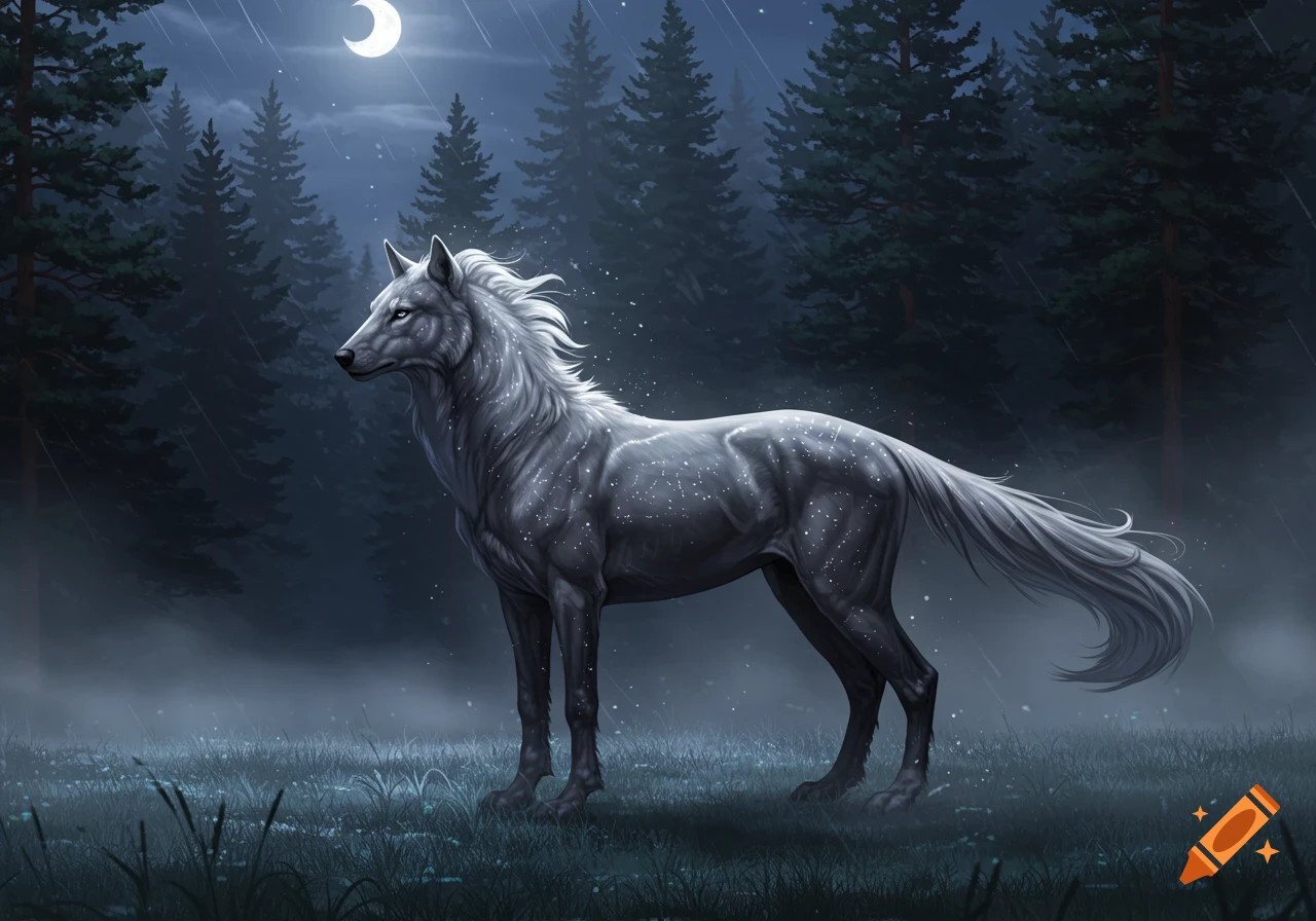 A majestic grey wolf-horse hybrid creature stands in a misty, moonlit pine forest under falling rain or snow.