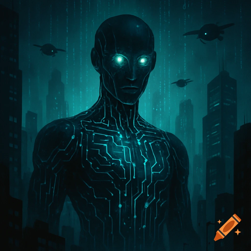 A humanoid figure with glowing circuit patterns and eyes in a dark, futuristic cityscape with digital rain.