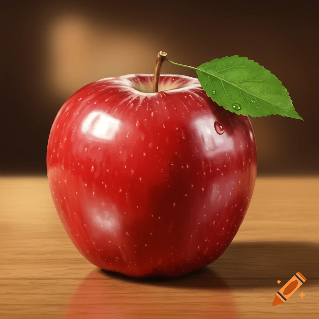 A realistic digital drawing of a red apple with a green leaf and water droplets, resting on a wooden surface.