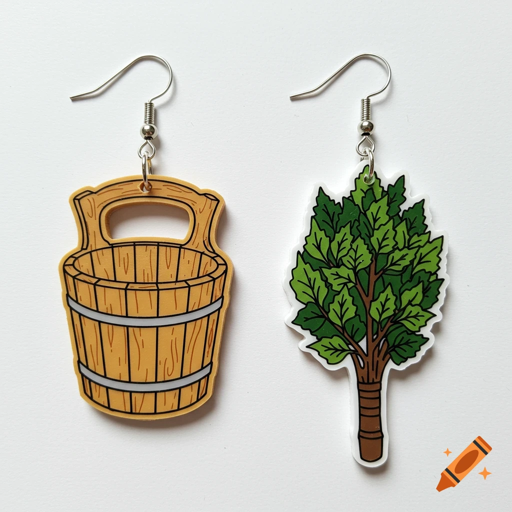 Two acrylic earrings, one a wooden sauna bucket and the other a green birch whisk, on a white background.