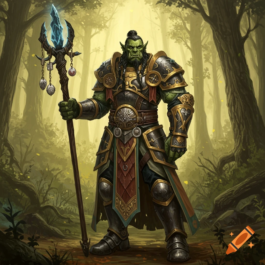 A green-skinned orc cleric in ornate dark and gold armor stands in a forest, holding a staff with a glowing blue crystal.