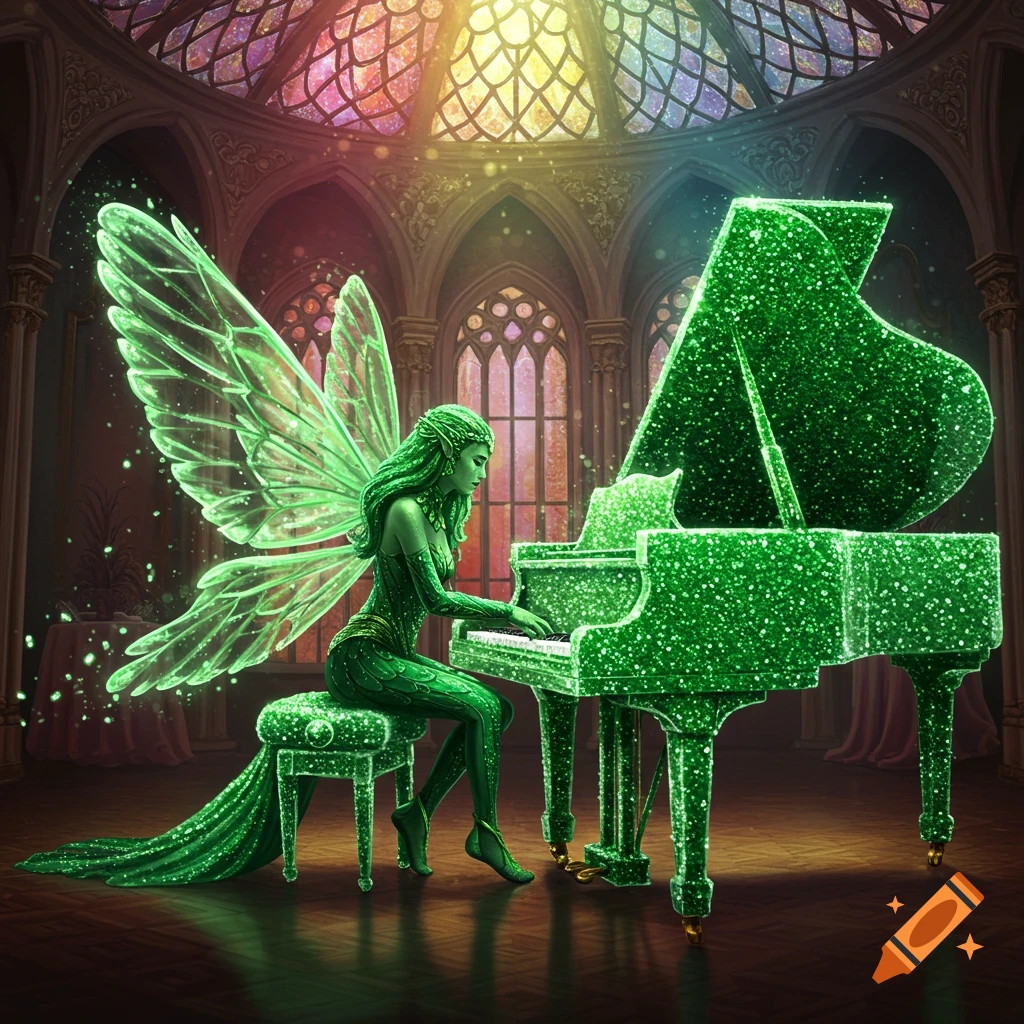 A green glitter fairy plays a sparkling green piano in an ornate room with stained glass windows.
