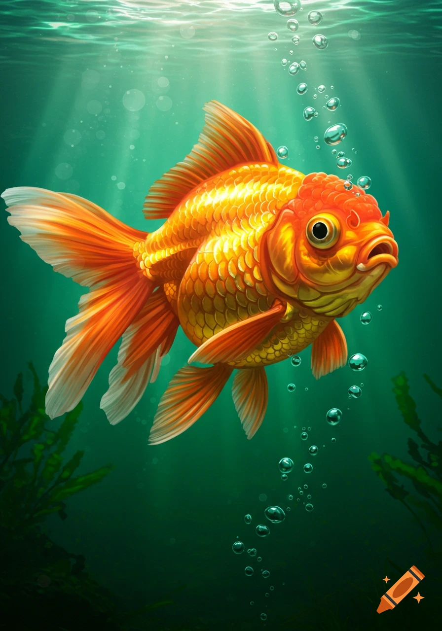 A vibrant, stylized illustration of a goldfish swimming underwater with bubbles and light rays filtering down.
