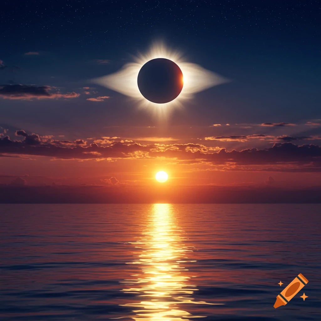 A dramatic solar eclipse with a bright corona hovers above a vibrant sunset reflecting on a calm ocean.