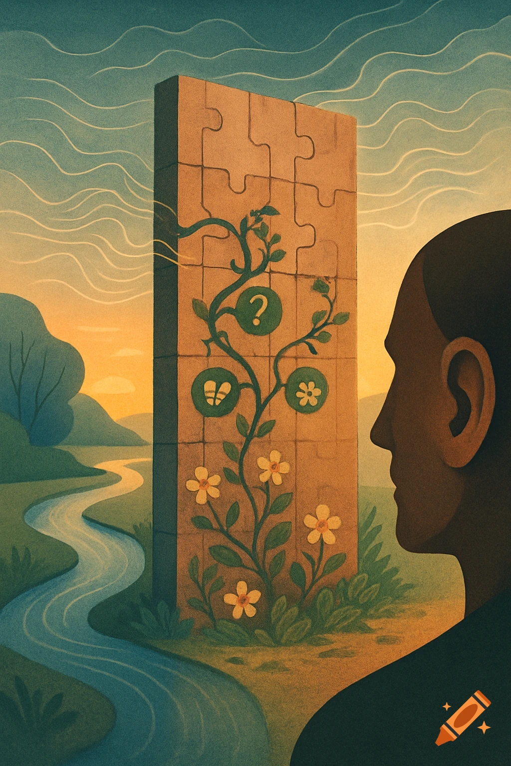 Stylized illustration of a man looking at a puzzle-piece wall with a plant bearing symbols (question mark, broken heart, flower) beside a winding river.