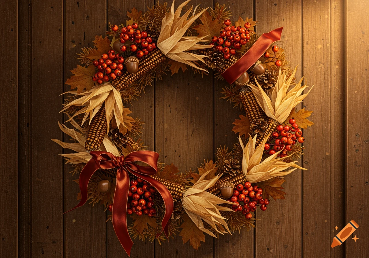 A warm-toned autumn wreath made of dried corn, red berries, pinecones, leaves, and a red ribbon hangs on a wooden door.