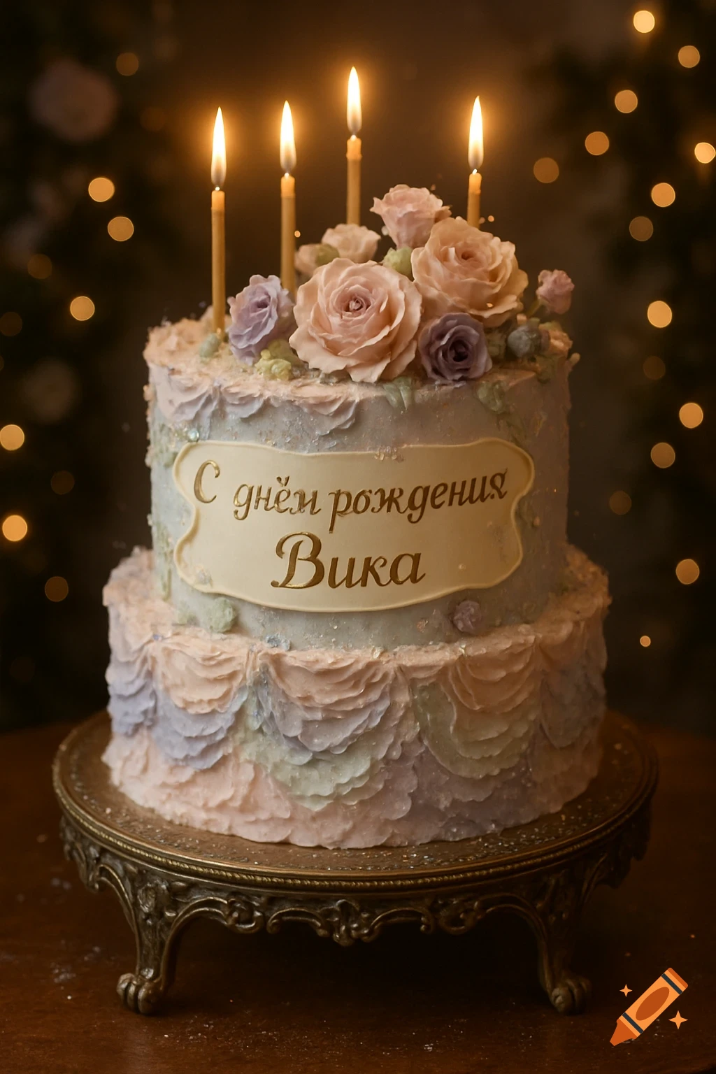 A beautiful two-tiered birthday cake with pastel roses, four lit candles, and a banner with Russian text.