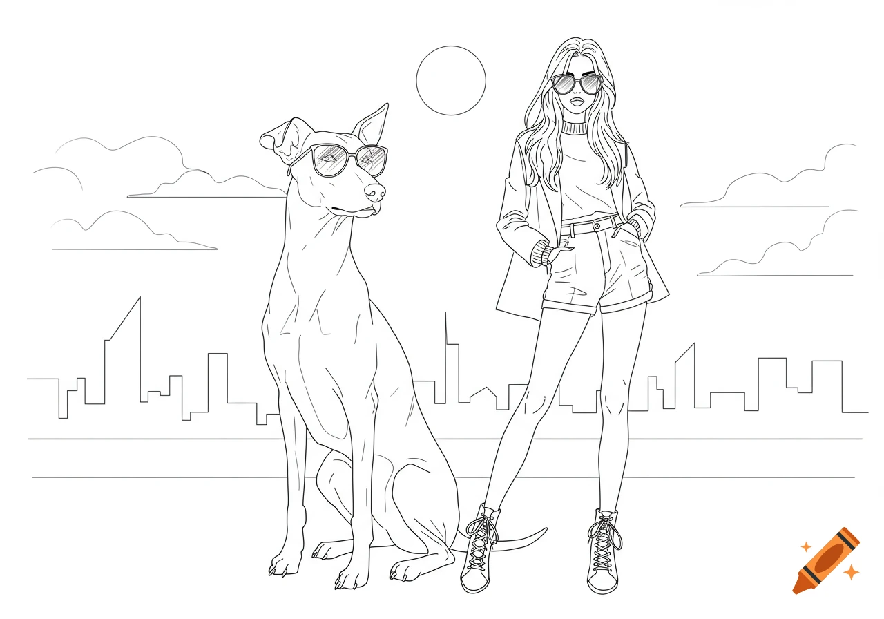 Outline drawing of a stylish girl and a dog wearing sunglasses in front of a city skyline.
